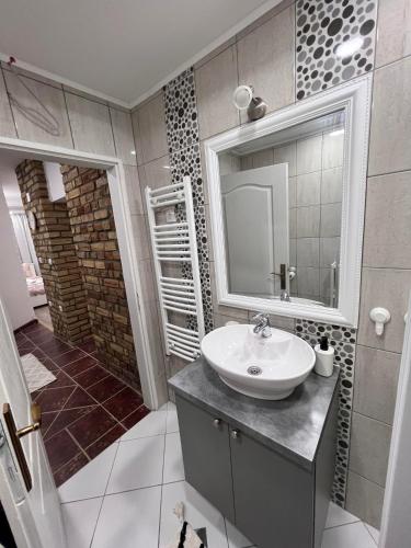 a bathroom with a sink and a mirror at Guest House LILA in Sombor