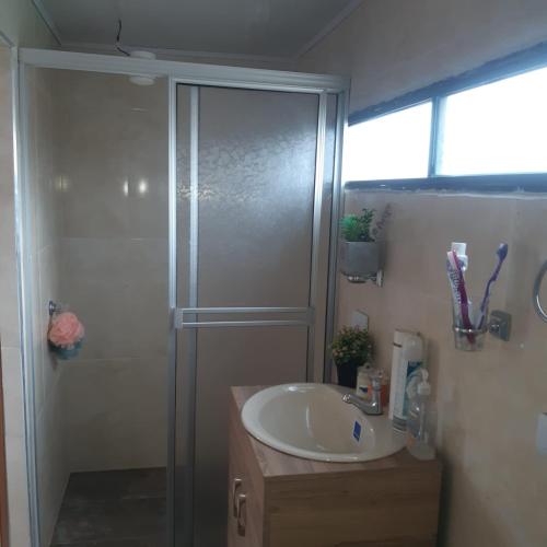 uma casa de banho com um chuveiro e um lavatório branco em Acogedora Habitación em Pasto