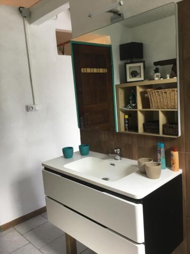 a bathroom with a sink and a mirror at Noukatchimbe Bungalow avec piscine partagée pour 2 à 4 personnes in Le Marin