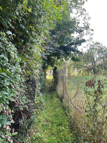 a fence next to a field with trees and grass at La grange de Sophie in Berstett
