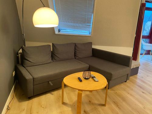 a living room with a couch and a table at Stilvolle helle Wohnung im Zentrum in Osnabrück