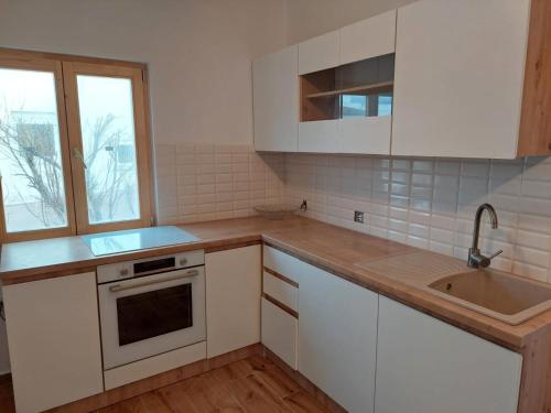 a kitchen with white cabinets and a sink at TINAME in Ražanac