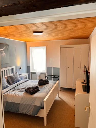 ein Schlafzimmer mit einem großen Bett und einem Fenster in der Unterkunft AFA in Göschenen