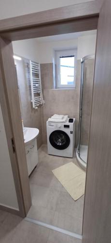 uma pequena casa de banho com uma máquina de lavar roupa em Lesia Apartments 3 em Brno