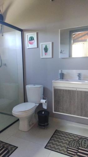 a bathroom with a toilet and a shower and a sink at Espaço Isha Canelinha in Canelinha