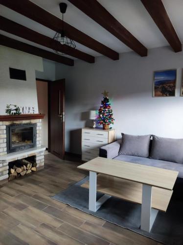 a living room with a christmas tree and a couch at Domki w Bieszczadach Nova Dolina in Średnia Wieś