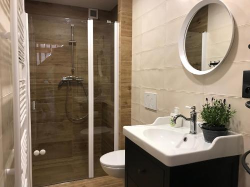 a bathroom with a sink and a shower at Roubenka Kuklík in Sněžné