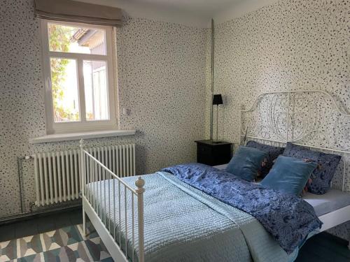 een slaapkamer met een bed met blauwe kussens en een raam bij Willa Walerianka in Sulejówek