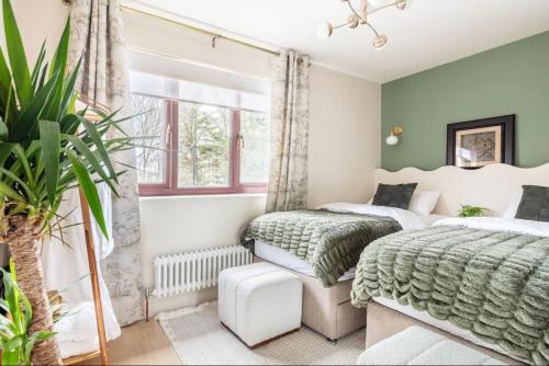 two beds in a bedroom with green walls at Spring Stays Cosy 2-Bed Residence with Free Parking in London