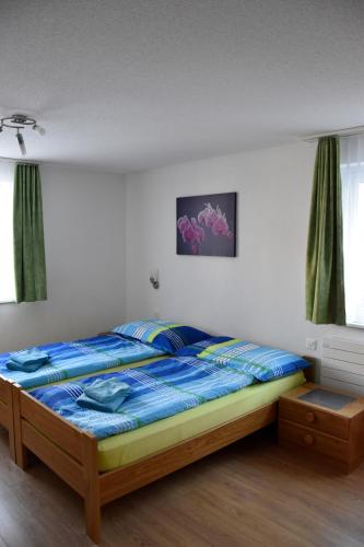 Schlafzimmer mit einem Bett mit blauer Decke in der Unterkunft Haus Amasaas in Saas-Fee
