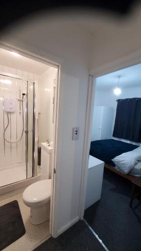 a bathroom with a shower and a toilet and a bed at Cosy and Relaxing in Chatham