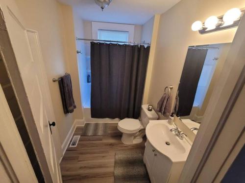 Baño pequeño con lavabo, aseo y lavamanos en Cozy Swamp Rabbit - Sans Souci Greenville Furman en Greenville