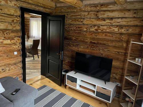 uma sala de estar com televisão numa parede de madeira em AirGreen Cabană 