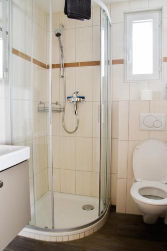 a bathroom with a shower and a toilet at Heidi in Saas-Fee