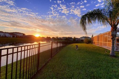 a fence with a palm tree next to a body of water at Cheerful 4 Bedroom Salt Water Heated Pool & Spa in Riverview