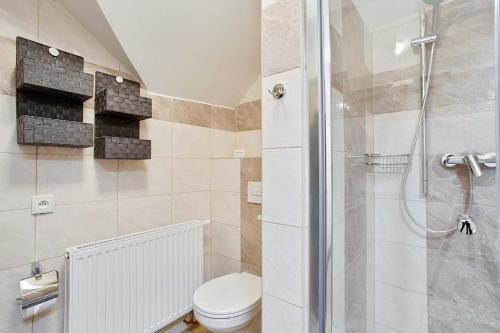 a bathroom with a toilet and a glass shower at APARTMÁN U MAXÍKŮ in Černý Dŭl