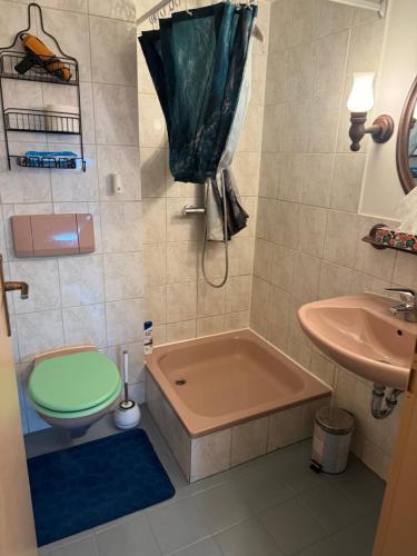La salle de bains est pourvue d'une baignoire, de toilettes et d'un lavabo. dans l'établissement Nicole, à Pfaffenhofen an der Glonn