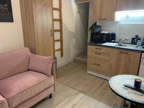 un salon avec un canapé et une table et une cuisine dans l'établissement chez Caroline, à Annecy