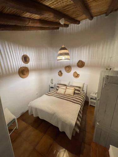 um quarto com uma cama e uma luz pendente em Paraíso dos Avós em Farelos de Baixo