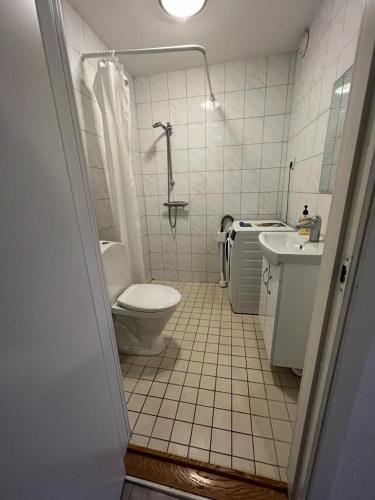 a white bathroom with a toilet and a sink at New Two Bedroom Apartment Close To Beach in Abbekås