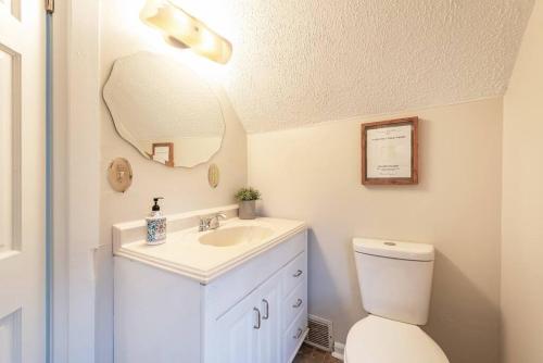 La salle de bains est pourvue de toilettes, d'un lavabo et d'un miroir. dans l'établissement *Homey & Beautiful-Self Check In-Ypsilanti Historic District, à Ypsilanti
