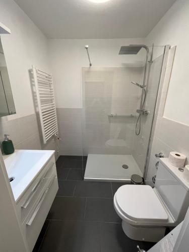 ein weißes Bad mit einem WC und einer Dusche in der Unterkunft Apartment Herzog Kaprun in Kaprun