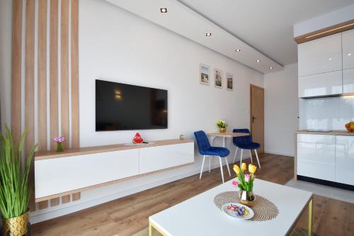 a living room with a tv on a white wall at Viss Mielno in Mielno