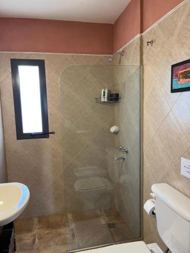 a bathroom with a shower with a toilet and a sink at MiraSierras -casas vacacionales- in Villa General Belgrano