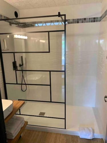 une douche avec une porte vitrée dans une salle de bain dans l'établissement Villa 3 chambres parking et terrasse, à Plaisance-du-Touch