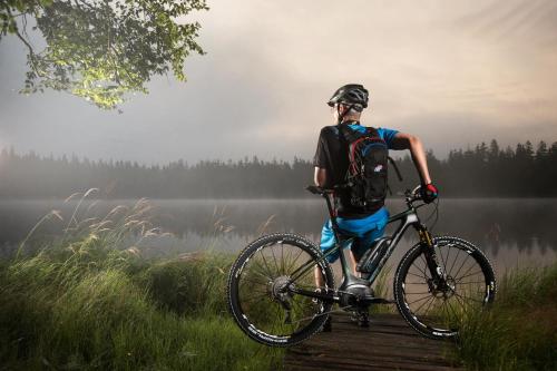 a man riding a bike on a wooden path near a lake at Alpenhotel Landhaus Küchl in Kirchberg in Tirol