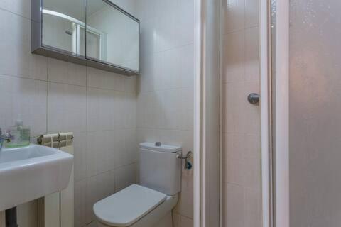 y baño con aseo, lavabo y ducha. en Habitaciónes Luminosas y acogedoras, en Madrid