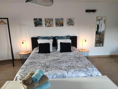 a bedroom with a large bed with two lamps at La Tourelle Suite Cosy entre vignoble aixois et Luberon in Le Puy-Sainte-Réparade