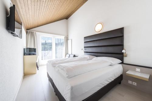 a bedroom with a large bed and a television at Boutique Hotel Riviera in Spiez