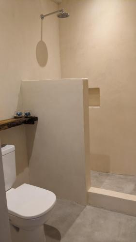 a bathroom with a white toilet and a shower at Casa Raices in Quequén
