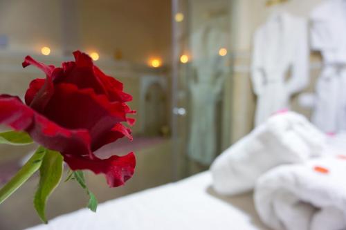 a red rose sitting on top of a table at Flowers riad in Marrakech
