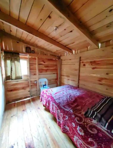 1 dormitorio con 1 cama en una cabaña de madera en Cabaña sobre el agua, 