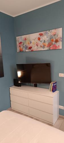 a flat screen tv on a blue wall at L'Alloggetto sul Corso in Cuneo
