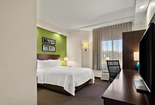 a hotel room with a bed and a television at SPOT X Hotel Tampa Bay by Red Collection in Wesley Chapel