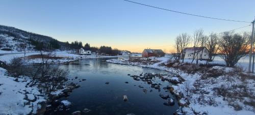 a river with snow on the ground and houses at Senjavista, near nature, sea and mighty mountains in Skaland