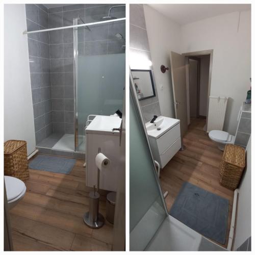 - deux photos d'une salle de bains avec douche et toilettes dans l'établissement Les Ocres, à Amélie-les-Bains-Palalda