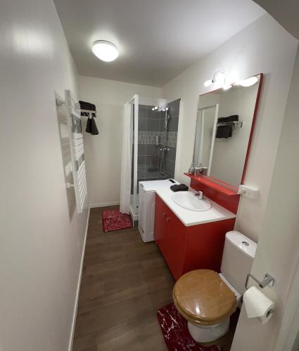 La salle de bains est pourvue d'un lavabo rouge et de toilettes. dans l'établissement STUDIO proche du centre PARIS 15 min, à Rosny-sous-Bois