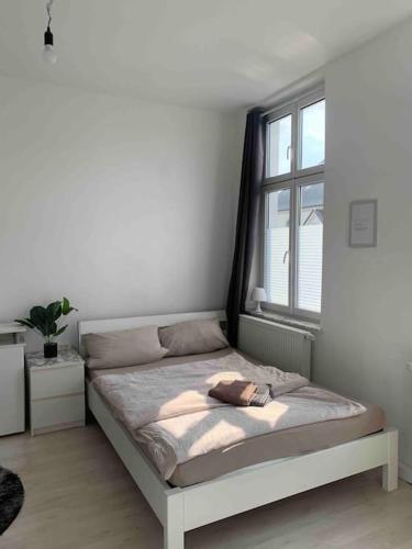 a bed in a white room with a window at Zentrale Wohnung in Dortmund in Dortmund