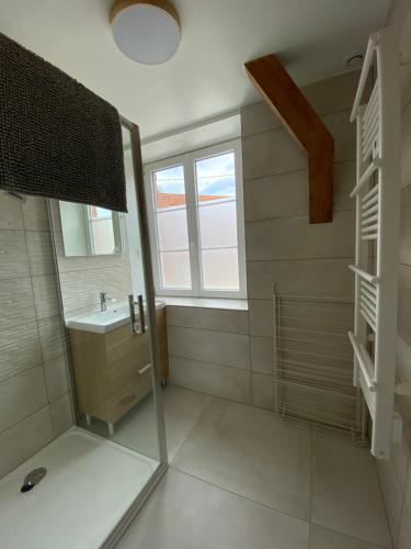 une salle de bain avec une douche et un lavabo et une fenêtre dans l'établissement Au clos du seltzbach, à Hoffen