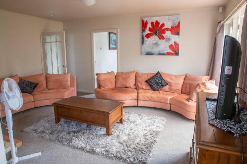 a living room with a couch and a tv at Kiwi bnb in Matamata