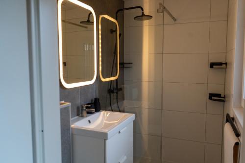 a bathroom with a sink and two mirrors at Huisje Novea in Harderwijk