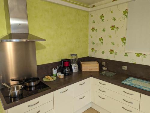 une cuisine avec des armoires blanches et un four à plaques de cuisson dans l'établissement Spacieux gîte à la ferme proche Beauvais, à Auchy-la-Montagne