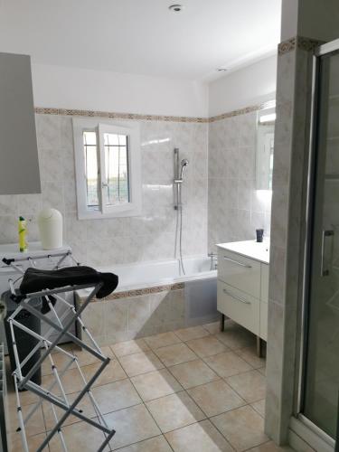 a bathroom with a shower and a sink and a tub at Gîte 14 couchages 6 chambres in Vailly-sur-Sauldre