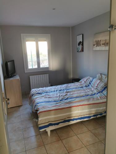 a bedroom with a bed and a window and a television at Gîte 14 couchages 6 chambres in Vailly-sur-Sauldre