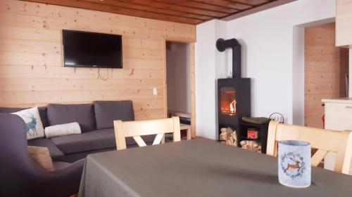 ein Wohnzimmer mit einem Sofa und einem Kamin in der Unterkunft Bio Bauernhof Brandgut in Mühlbach am Hochkönig