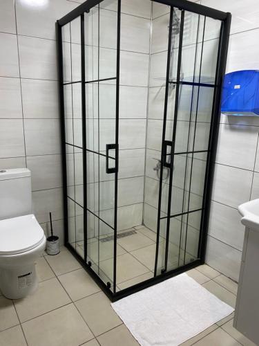 a glass shower in a bathroom with a toilet at ŞİFO’NUN TATİL KÖYÜ in Ardeşen